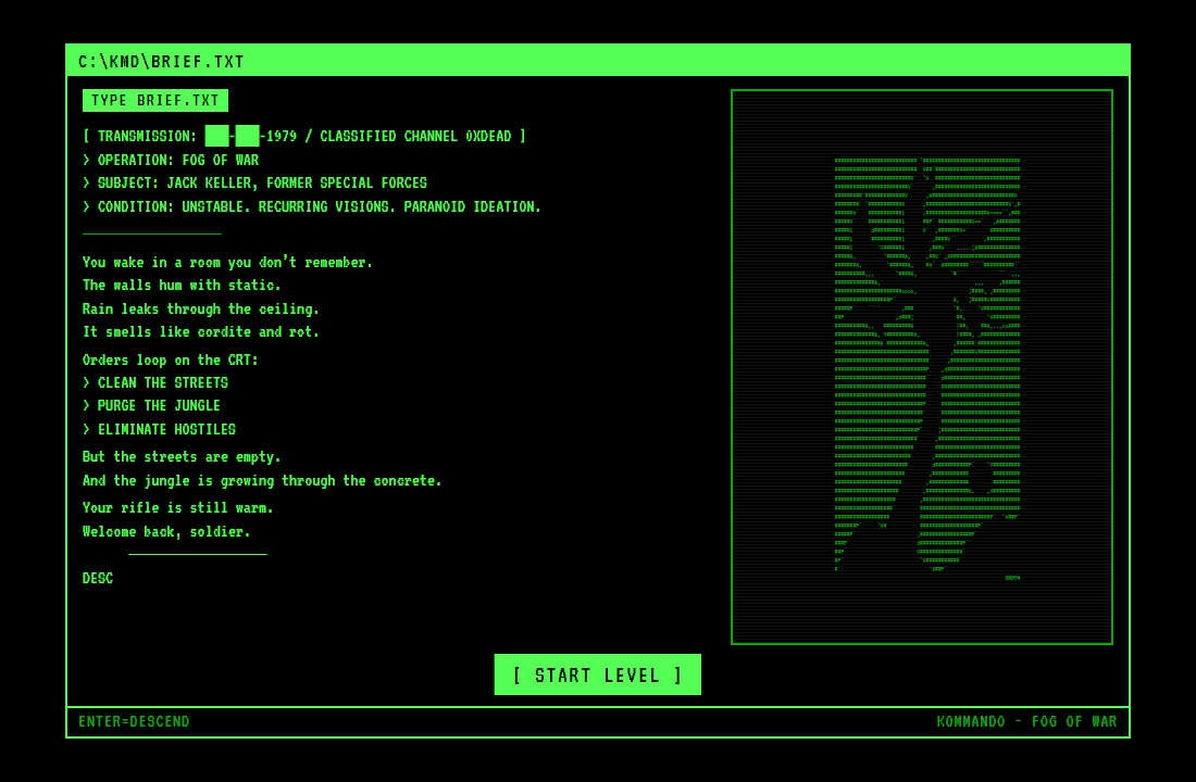 Classified briefing transmission with palm ASCII art