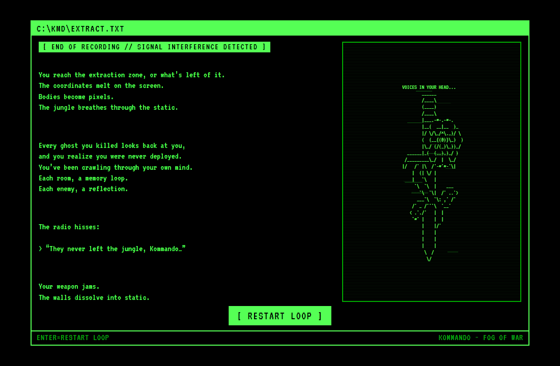 Extraction victory screen with restart loop