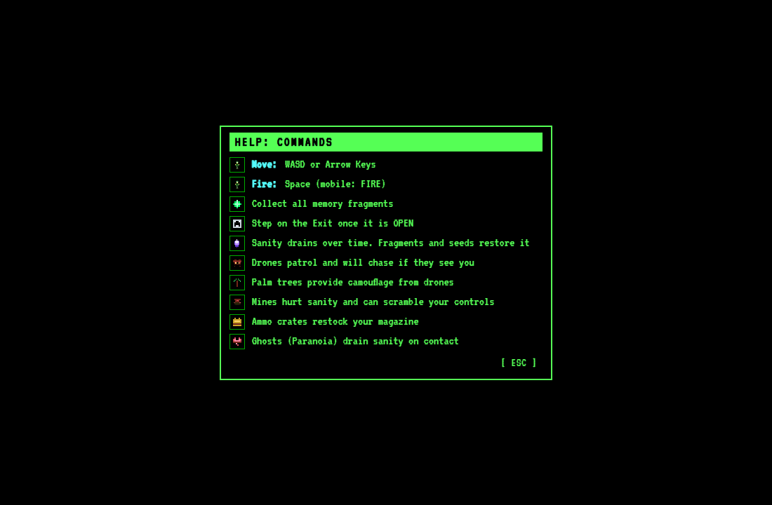 Help overlay listing commands, pickups, and hazards